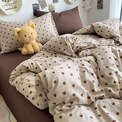 Brown Heart Vintage Print Duvet Cover Set Queen