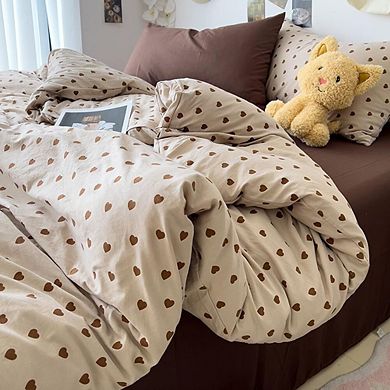 Brown Heart Vintage Print Duvet Cover Set Queen