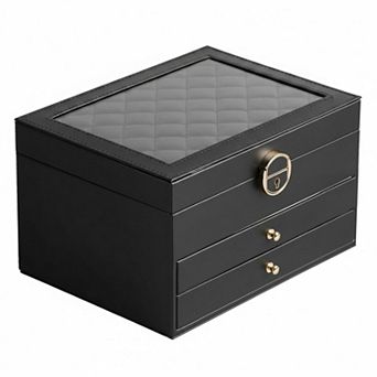 3 Layers PU Leather Jewelry Organizer Box with Drawers for Earrings Bracelets Rings Watches