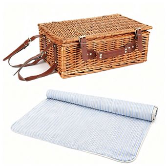 Picnic Basket 4 Person Wicker Set Waterproof Blanket Insulated Cooler Cutlery Plates Wine Glasses