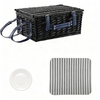 Picnic Basket 4 Person Wicker Set Waterproof Blanket Insulated Cooler Cutlery Plates Wine Glasses