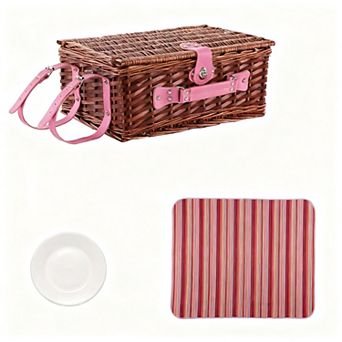 Picnic Basket 4 Person Wicker Set Waterproof Blanket Insulated Cooler Cutlery Plates Wine Glasses