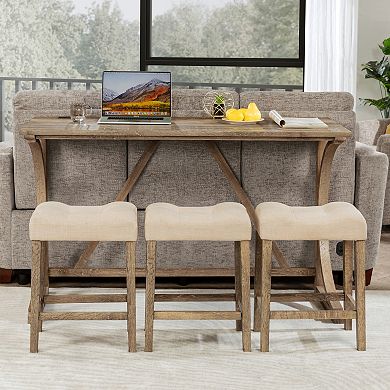 Bar Table Set with Power Outlet & 3 Padded Stools, 4-Piece Home Set for Dining Room