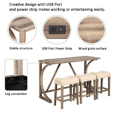 Bar Table Set with Power Outlet & 3 Padded Stools, 4-Piece Home Set for Dining Room