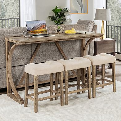Bar Table Set with Power Outlet & 3 Padded Stools, 4-Piece Home Set for Dining Room