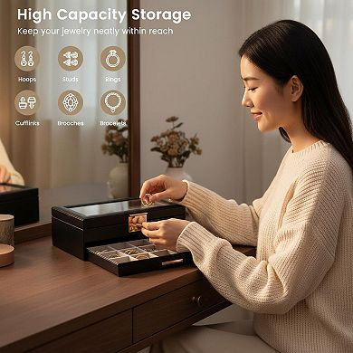 Earring Storage Box Glass Top Large Organizer Display Drawer Grid Removable Dividers Gift