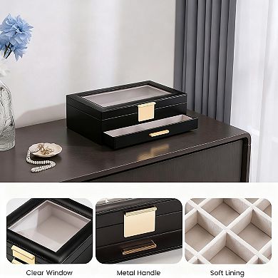 Earring Storage Box Glass Top Large Organizer Display Drawer Grid Removable Dividers Gift