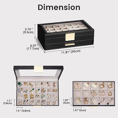 Earring Storage Box Glass Top Large Organizer Display Drawer Grid Removable Dividers Gift