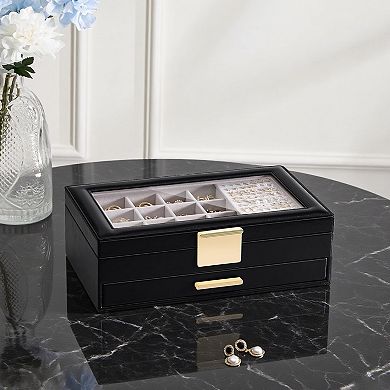Earring Storage Box Glass Top Large Organizer Display Drawer Grid Removable Dividers Gift