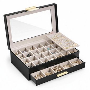 Earring Storage Box Glass Top Large Organizer Display Drawer Grid Removable Dividers Gift