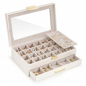 Earring Storage Box Glass Top Large Organizer Display Drawer Grid Removable Dividers Gift