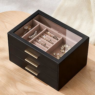 Glass Display Jewelry Organizer Case with Drawers Velvet Lining