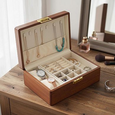 Solid Wooden Jewelry Box Lock Key Organizer Storage Earrings Rings Necklaces Bracelet Watch Gift