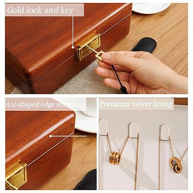 Solid Wooden Jewelry Box Lock Key Organizer Storage Earrings Rings Necklaces Bracelet Watch Gift