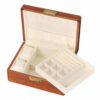 Solid Wooden Jewelry Box Lock Key Organizer Storage Earrings Rings Necklaces Bracelet Watch Gift