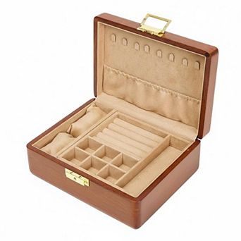 Solid Wooden Jewelry Box Lock Key Organizer Storage Earrings Rings Necklaces Bracelet Watch Gift
