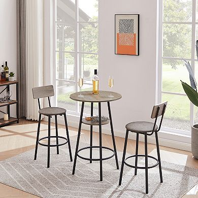 Round Bar Table and Stool Set with Shelf, Upholstered Bar Stools with Backrests for Kitchen Counter
