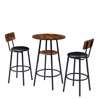 Round Bar Table and Stool Set with Shelf, Upholstered Bar Stools with Backrests for Kitchen Counter