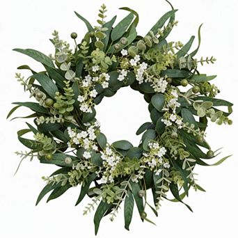 26" Eucalyptus Wreath Full Greenery Baby's Breath Farmhouse Year Round Indoor Outdoor Home Decor