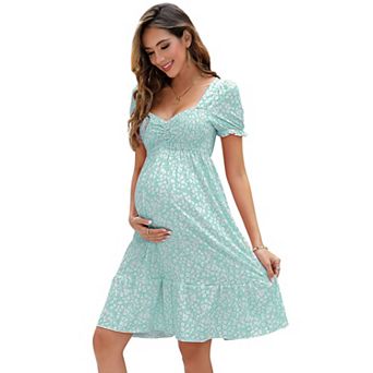 Maternity Sweetheart Neck Puff Sleeve Mini Dress, Smocked Ruffle Casual Dress