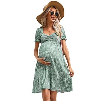Maternity Sweetheart Neck Puff Sleeve Mini Dress, Smocked Ruffle Casual Dress