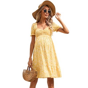 Maternity Sweetheart Neck Puff Sleeve Mini Dress, Smocked Ruffle Casual Dress