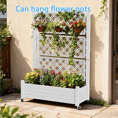 Rolling Trellis Plant Stand with Planter Box, Mobile Lattice Flower Shelf for Climbing Plants Patio
