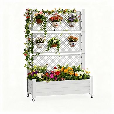 Rolling Trellis Plant Stand with Planter Box, Mobile Lattice Flower Shelf for Climbing Plants Patio