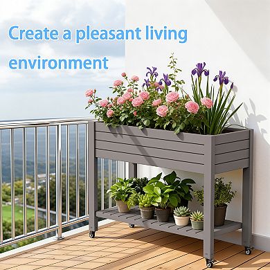 Multi-Tier Rolling Plant Stand with Storage Shelf, Raised Planter Box for Balcony Garden Patio