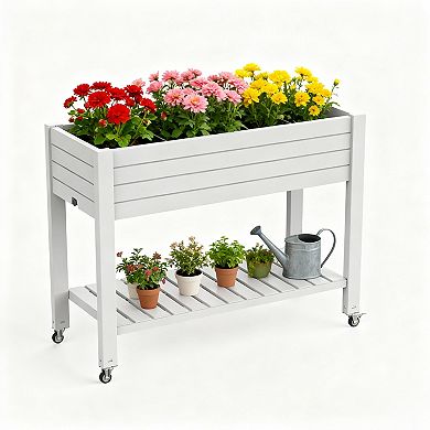 Multi-Tier Rolling Plant Stand with Storage Shelf, Raised Planter Box for Balcony Garden Patio