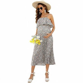 Maternity Spaghetti Strap Ruffle Midi Dress, Pleated Floral Casual Dress