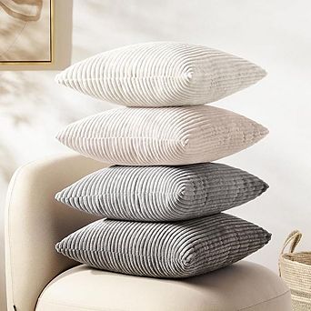 Decorative Throw Pillow Covers 16x16 Set of 4 Corduroy Striped Cushion White/Grey