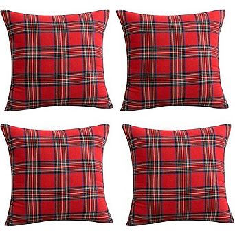 Christmas Pillow Covers 18x18 Set of 4 Red Tartan Buffalo Plaid Cushion Covers