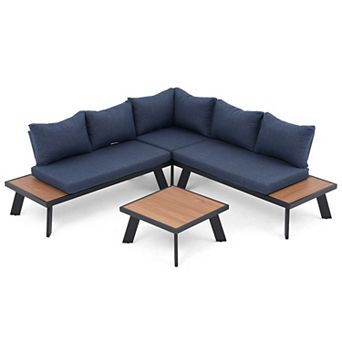 SUNSITT 4 pc Outdoor Furniture Set L-Shaped Aluminum Sofa with Faux Wood Grain Top Coffee Table