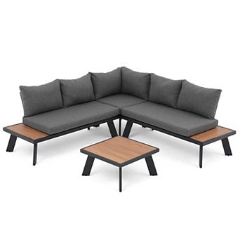 SUNSITT 4 pc Outdoor Furniture Set L-Shaped Aluminum Sofa with Faux Wood Grain Top Coffee Table