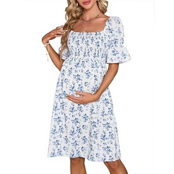 Maternity Square Neck Puff Sleeve Mini Dress, Smocked Floral Casual Dress