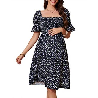 Maternity Square Neck Puff Sleeve Mini Dress, Smocked Floral Casual Dress