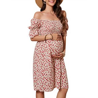Maternity Square Neck Puff Sleeve Mini Dress, Smocked Floral Casual Dress