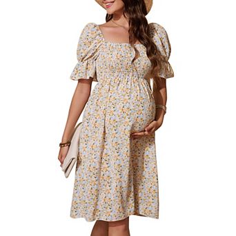 Maternity Square Neck Puff Sleeve Mini Dress, Smocked Floral Casual Dress