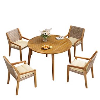 Outdoor Dining Set Acacia Wood Table & Wicker Chairs with Cushions, Patio Furniture for Gatherings