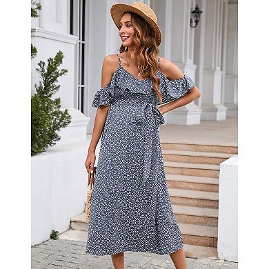 Maternity Cold Shoulder Ruffle Midi Dress, Belted Floral Casual Dress