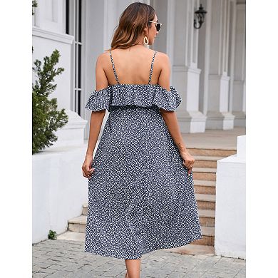 Maternity Cold Shoulder Ruffle Midi Dress, Belted Floral Casual Dress