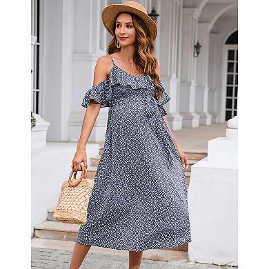 Maternity Cold Shoulder Ruffle Midi Dress, Belted Floral Casual Dress