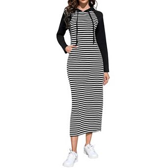 Women's Hooded Raglan Sleeve Maxi Dress, Striped Casual Sweatshirt Dress