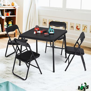 Folding Card Table and 4 Chair Set, Metal Frame Portable Upholstered Activity Furniture