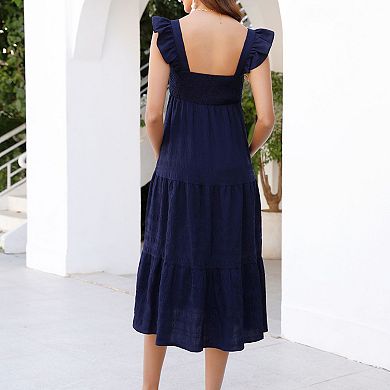 Maternity Ruffle Strap Smocked Midi Dress, Tiered Casual Dress