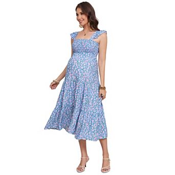 Maternity Ruffle Strap Smocked Midi Dress, Tiered Casual Dress