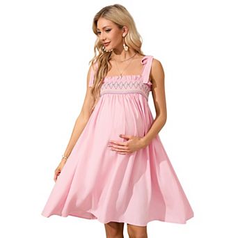 Maternity Tie Strap Smocked Mini Dress, Ruffle Neck Casual Dress