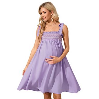 Maternity Tie Strap Smocked Mini Dress, Ruffle Neck Casual Dress