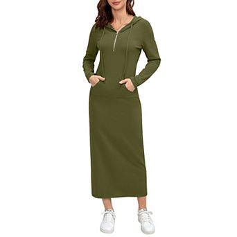 Women's Hooded Long Sleeve Maxi Dress, Half-Zip Casual Sweatshirt Dress